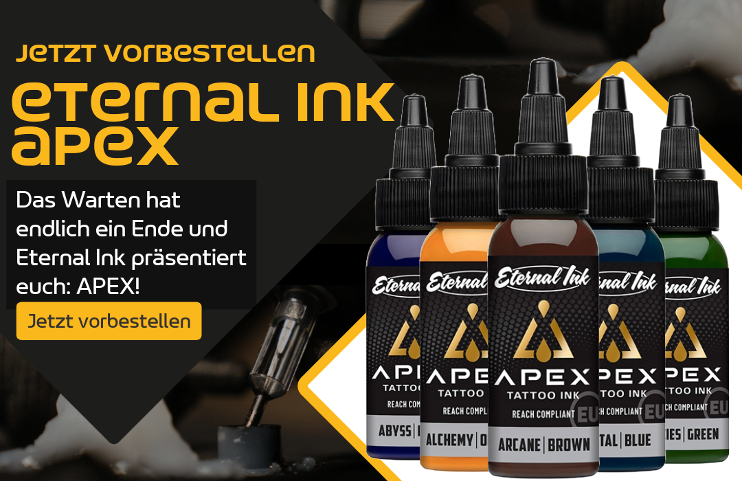 Endlich da! Bestelle jetzt die neue REACH-konforme Farbreihe Apex von Eternal Ink vor.