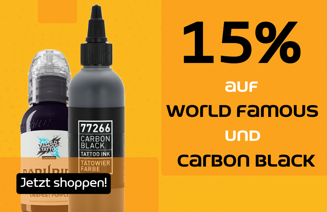 Spare jetzt bei deinem Einkauf von Worldfamous Ink und Carbon Black Ink
