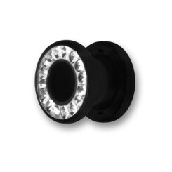 Flesh tunnel - UV acrylic - Black with crystals CZ white...