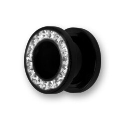 Flesh tunnel - UV acrylic - Black with crystal CZ white -...