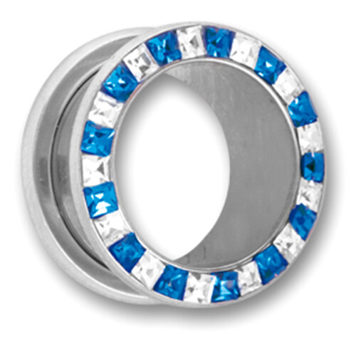 Flesh Tunnel - Chirurgenstahl 316 L - Swarovski Crystal - Blau-Weiß