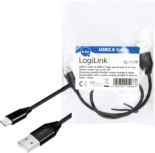 Replacement cable - Logilink USB-A to USB-C male - 0.3 m