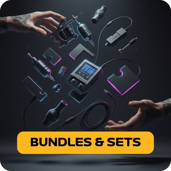 tattoo machine bundles and sets with machine, power supply and accessories for studio use