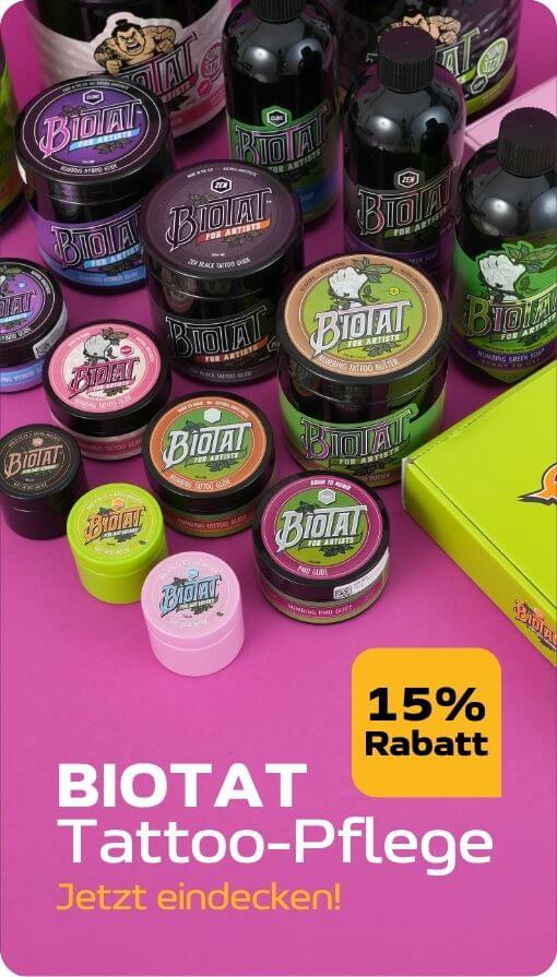 BIOTAT Tattoo-Pflege Produkte mit 15 Prozent Rabatt für Pflege und Nachbehandlung von Tattoos